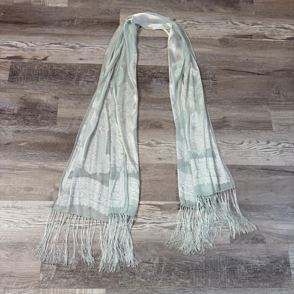 Oscar de la Renta Silk Damask Scarf Shawl Celadon Fringe 90" Vintage Ethereal